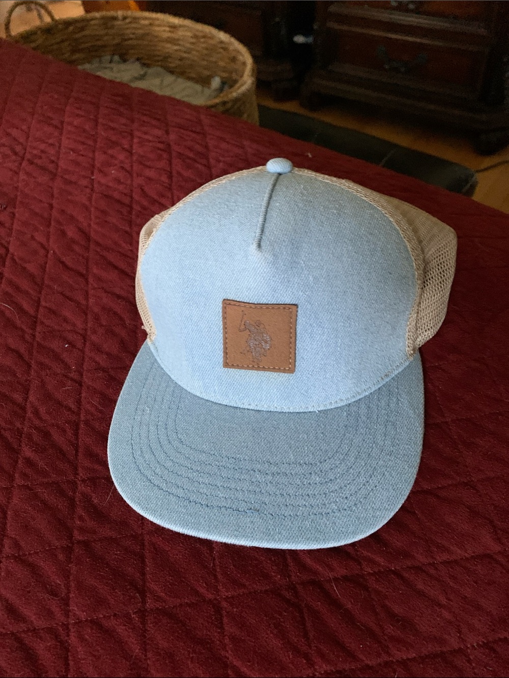 U.S. Polo Assn. Light Blue and Tan Mesh Trucker Hat with Leather Patch